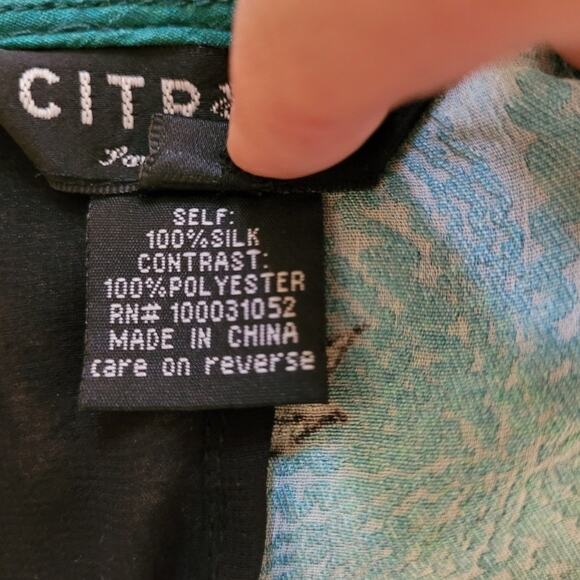 Citron Aqua Floral Pullover Silk Top with Sheer Black Asymmetric Panel, Sz Med - Picture 8 of 8